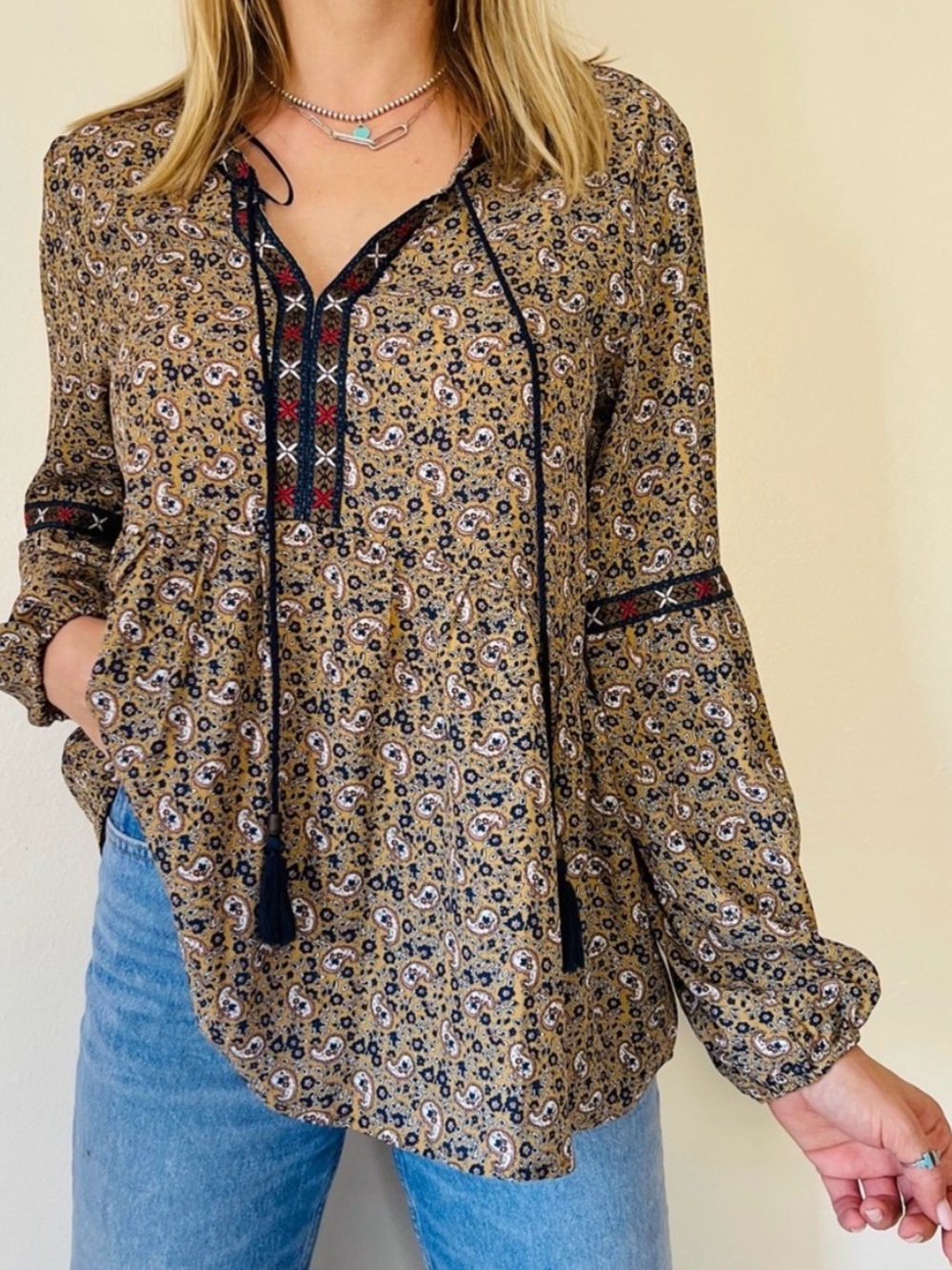 ALCHEMY THREAD Paisley Long Sleeve Tassel Embroidered Boho Peasant Top Size S